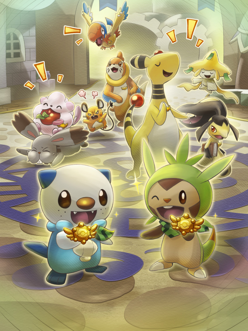 :d ampharos archen book buizel bunnelby chespin closed_eyes commentary_request dedenne fangs gen_2_pokemon gen_3_pokemon gen_4_pokemon gen_5_pokemon gen_6_pokemon highres holding holding_book jirachi legendary_pokemon mawile mouth_hold mythical_pokemon nintendo notice_lines open_mouth oshawott pokemon pokemon_(creature) pokemon_mystery_dungeon smile standing swirlix tongue yamaori_(hakkentai_pokedan)