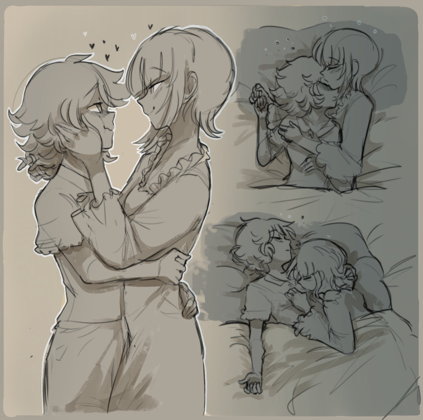 1boy 1girl bed blanket blunt_bangs blush breasts celestia_ludenberg danganronpa:_trigger_happy_havoc danganronpa_(series) dress eye_contact fujisaki_chihiro heart highres looking_at_another outline pants pillow shirt short_sleeves small_breasts smile trap twinklelitchii white_outline