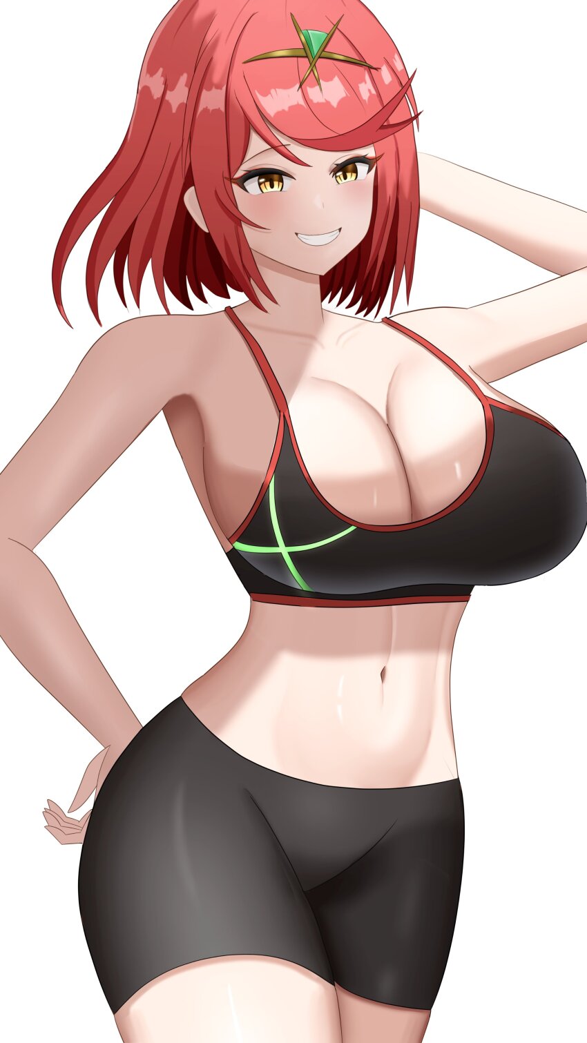 1girl absurdres bike_shorts blush breasts cleavage grin headpiece highres large_breasts looking_at_viewer navel nintendo pyra_(xenoblade) red_hair smile solo super_smash_bros. swept_bangs thick_thighs thighs tiara white_background xenoblade_chronicles_(series) xenoblade_chronicles_2 yissou_art