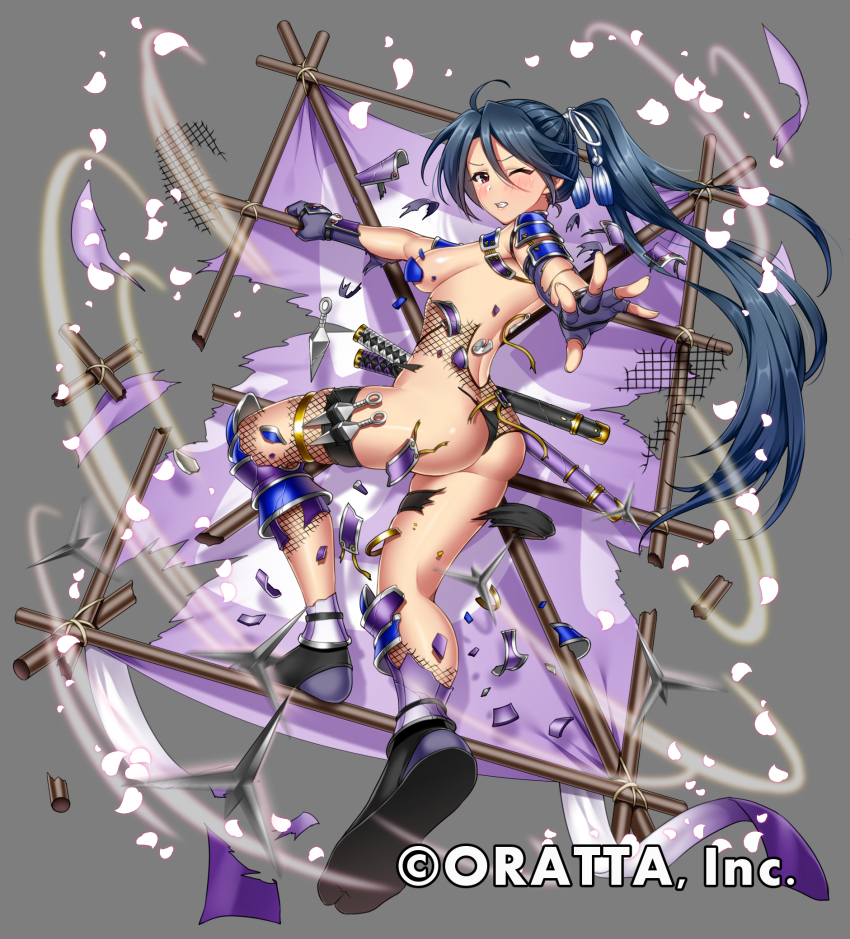 1girl ahoge armor ass bad_id bad_pixiv_id bikini_armor breasts character_request chino_ukana chloris_garden clenched_teeth convenient_censoring female_focus fingerless_gloves gloves hair_between_eyes highres katana kite long_hair ninja official_art one_eye_closed original outstretched_arm petals ponytail purple_eyes shinai sideboob solo sword teeth torn_clothes very_long_hair weapon wince