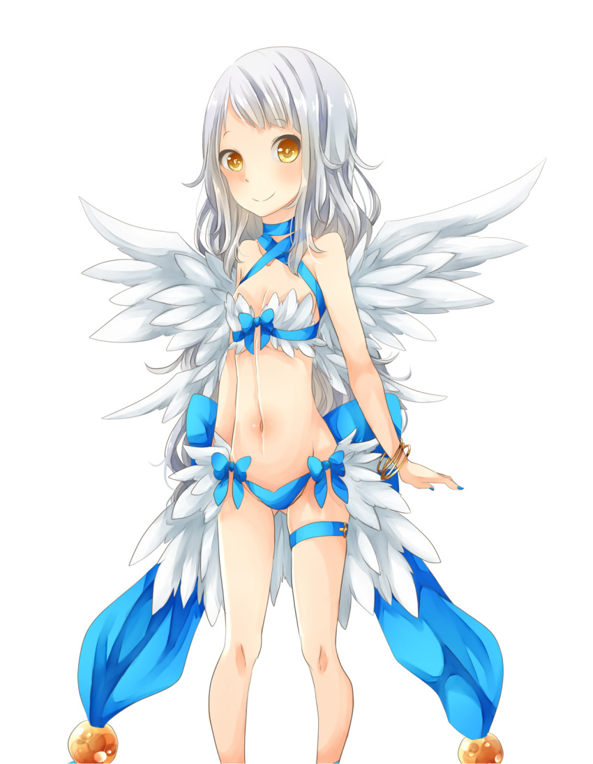 1girl back_bow bangle bikini blue_bikini blue_bow blush bow bracelet breasts cleavage closed_mouth commentary_request feather_trim feathered_wings feet_out_of_frame grey_hair highres jewelry long_hair looking_at_viewer meiko_(nattu303) mismatched_bikini navel ragnarok_online simple_background small_breasts smile solo swimsuit thigh_strap wanderer_(ragnarok_online) white_background white_bikini white_wings wings yellow_eyes