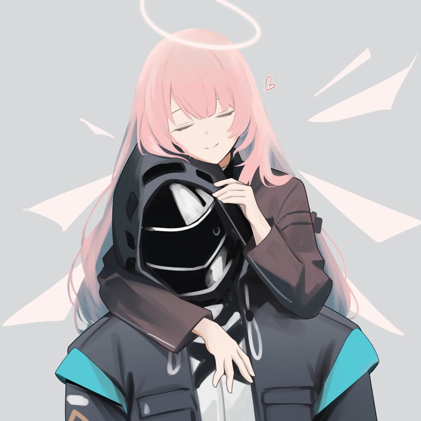 1girl 1other absurdres arknights black_jacket closed_eyes closed_mouth commentary commentary_typo detached_wings doctor_(arknights) english_commentary grey_background grey_halo halo head_hug heads_together heart highres hood hood_up hooded_jacket jacket lemuen_(arknights) long_hair long_sleeves myticalcat pink_hair simple_background smile traditional_halo wings