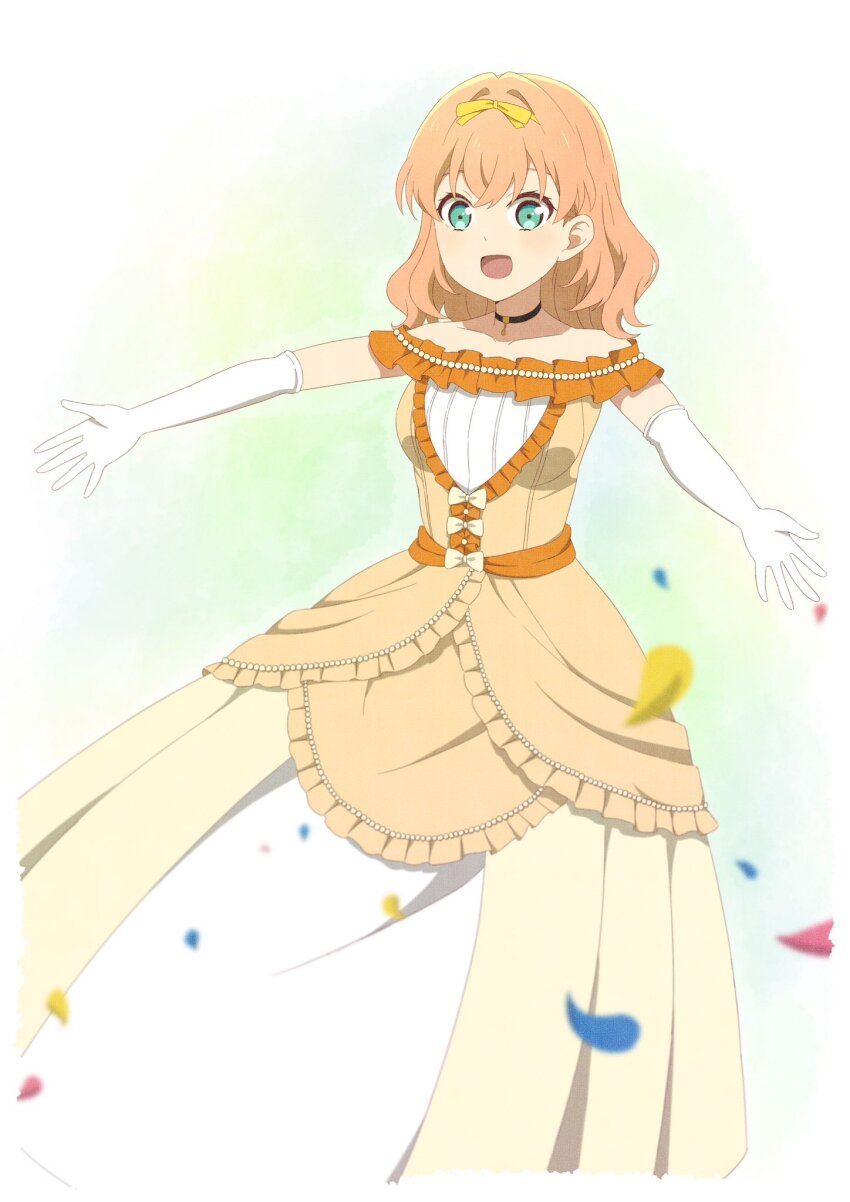 1girl aqua_eyes bare_shoulders black_choker breasts choker collarbone commentary_request commission cosplay crossed_bangs dress elbow_gloves frilled_dress frills gloves hair_intakes hair_ribbon highres hinoshita_kaho link!_like!_love_live! long_dress love_live! love_live!_school_idol_festival_all_stars love_live!_sunshine!! makki_do medium_breasts medium_hair off-shoulder_dress off_shoulder orange_dress orange_hair ribbon skeb_commission solo takami_chika takami_chika_(cosplay) takami_chika_(meet_me_at_the_next_castle_ball!) virtual_youtuber white_gloves yellow_ribbon