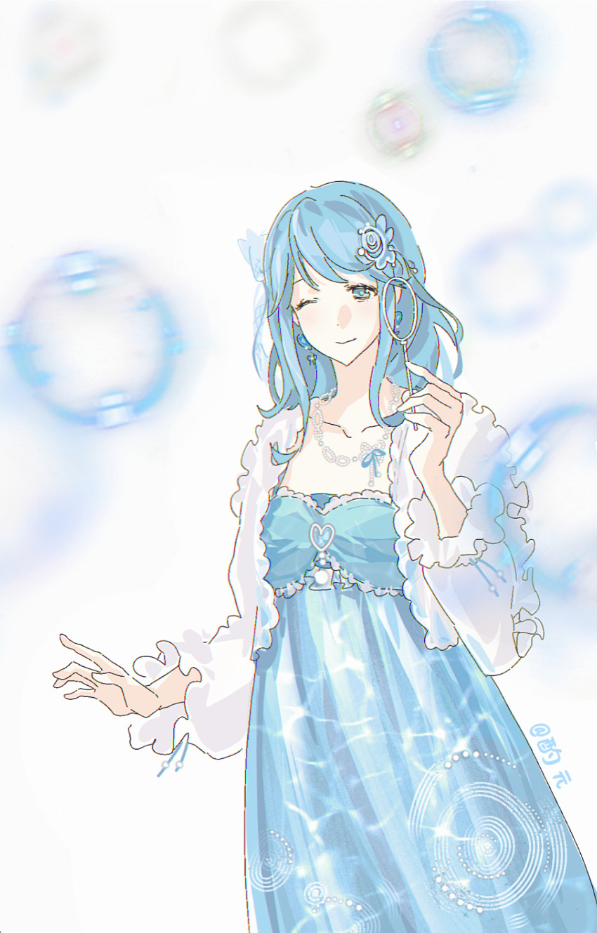 1girl blue_dress blue_eyes blue_gemstone blue_hair blue_ribbon blurry blurry_foreground bubble bubble_wand cardigan chain chain_necklace chest_jewel closed_eyes closed_mouth collarbone cowboy_shot dress earrings eyelashes frilled_cardigan frilled_sleeves frills gem hair_ornament happy heart-shaped_gem heartlake_ripples_(infinity_nikki) highres holding holding_wand infinity_nikki jewelry jintianshigehaotianqine long_dress long_hair long_sleeves looking_at_viewer motion_blur necklace nikki_(series) one_eye_closed pleated_dress puffy_long_sleeves puffy_sleeves ribbon signature simple_background smile solo speech_bubble standing swept_bangs wand white_background white_cardigan
