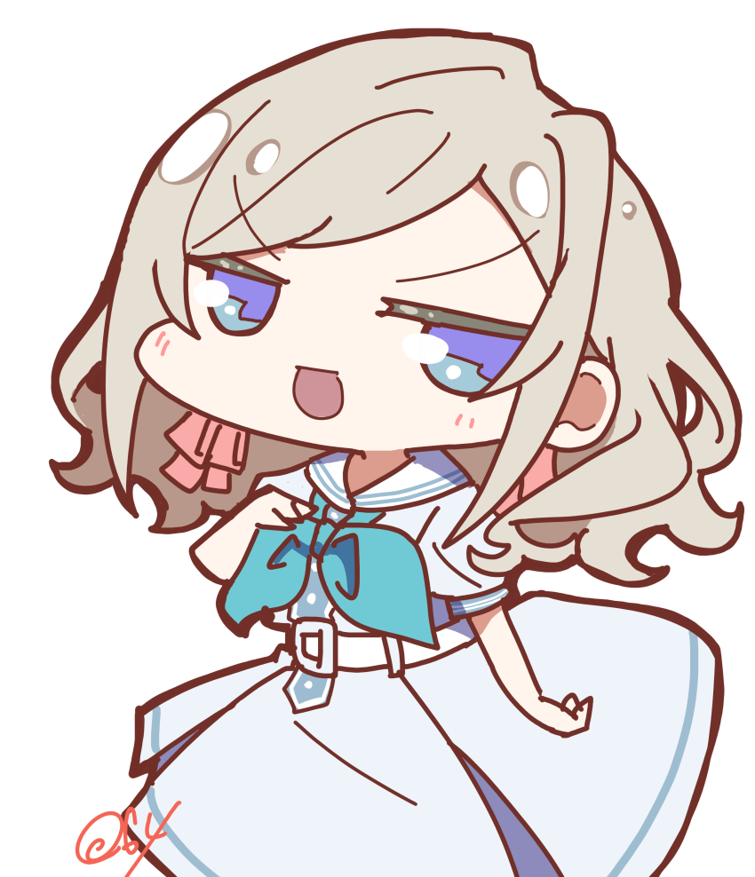 1girl absurdres blue_dress blue_eyes blue_neckerchief ceras_yanagida_lilienfeld chibi chibi_only commentary dress grey_hair hair_ribbon hasu_no_sora_school_uniform highres link!_like!_love_live! long_hair love_live! medium_dress neckerchief oofushi_ao parted_bangs pink_ribbon pleated_dress puffy_short_sleeves puffy_sleeves ribbon sailor_collar sailor_dress school_uniform short_sleeves sidelocks signature simple_background solo summer_uniform symbol-only_commentary virtual_youtuber white_background white_sailor_collar
