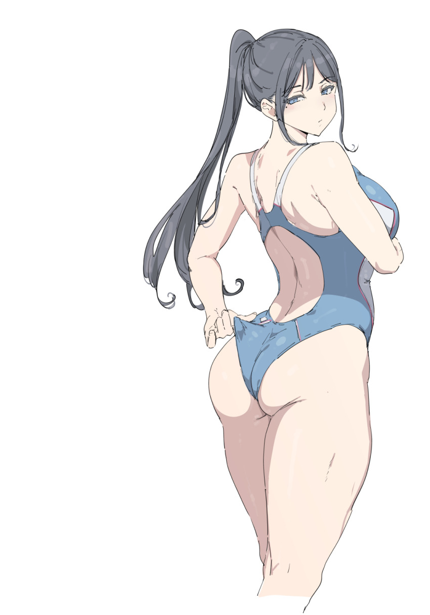 1girl adjusting_clothes adjusting_swimsuit arm_under_breasts artist_request ass black_hair blue_eyes breasts character_request half-closed_eyes highres legs long_hair looking_at_viewer looking_back one-piece_swimsuit ponytail sideboob solo source_request swimsuit thighs