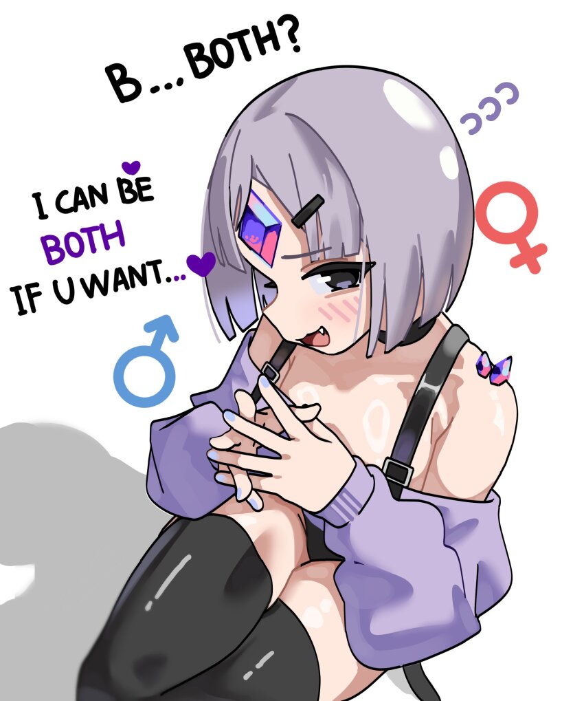 1other :3 :d androgynous bare_shoulders black_eyes black_thighhighs blush commentary english_commentary english_text fang flying_sweatdrops forehead_jewel grey_hair grey_nails gurumie hair_ornament hairclip highres hololive hololive_english long_sleeves looking_at_viewer mars_symbol material_growth nail_polish off_shoulder open_mouth pebble_(koseki_bijou) personification puffy_long_sleeves puffy_sleeves short_hair simple_background smile solo thighhighs venus_symbol virtual_youtuber white_background