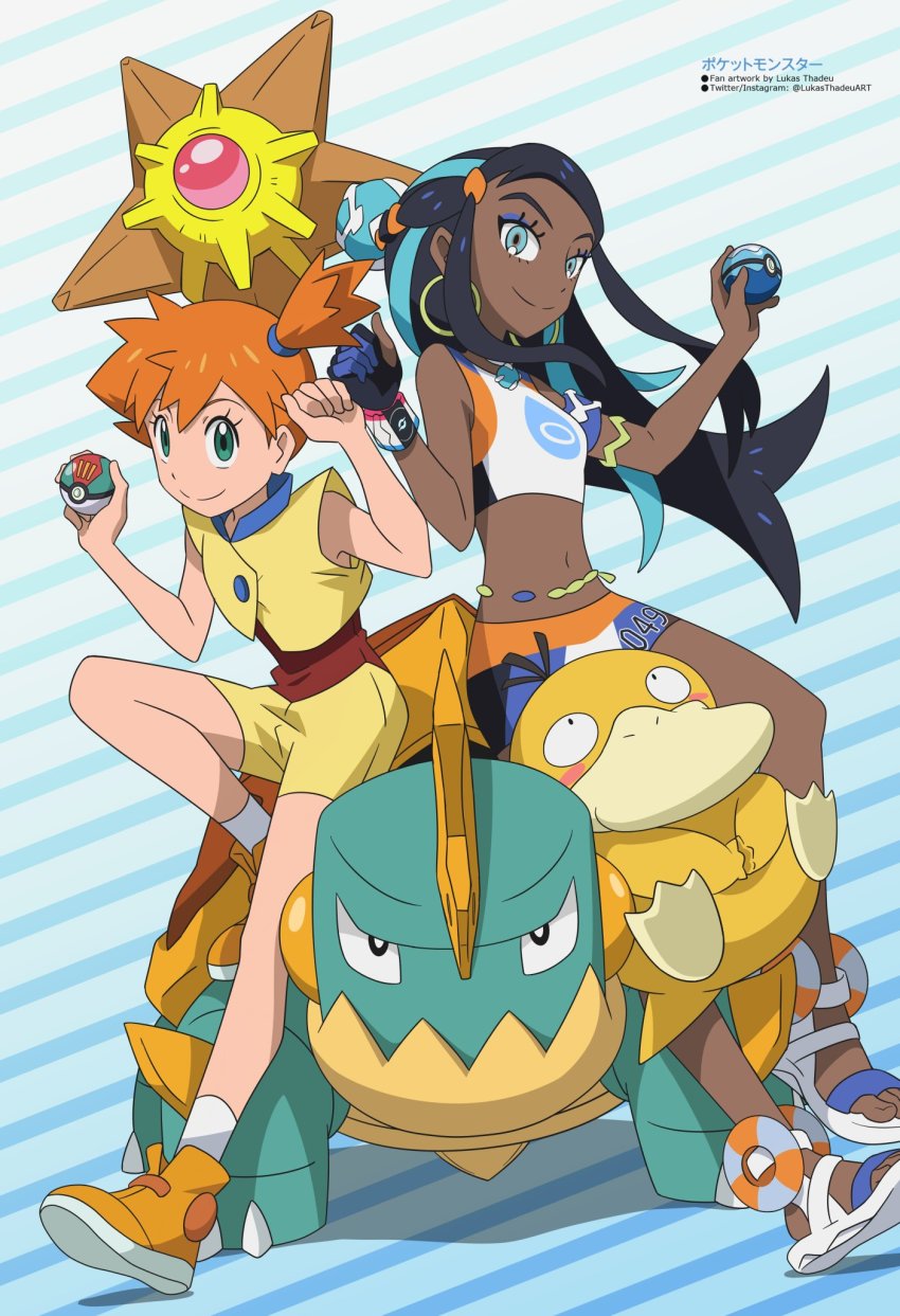 2girls asymmetrical_hair black_hair blue_eyes blue_hair bubble creatures_(company) dark-skinned_female dark_skin dive_ball drednaw game_freak gen_1_pokemon gen_8_pokemon grin head_rest highres holding holding_poke_ball jewelry long_hair looking_at_viewer lukas_thadeu midriff misty_(pokemon) multicolored_hair multiple_girls necklace nessa_(pokemon) nintendo orange_hair poke_ball pokemon pokemon_(anime) pokemon_rse_(anime) pokemon_swsh ponytail psyduck sandals shirt shoes short_ponytail side_ponytail sleeveless sleeveless_shirt smile staryu suspenders swimsuit two-tone_hair yellow_shirt
