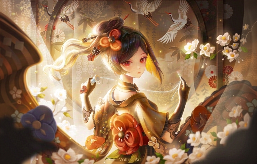 1girl adversarial_noise artist_name bird black_gloves blonde_hair brown_hair chiori_(genshin_impact) closed_eyes colored_inner_hair commentary crane_(animal) flower from_side genshin_impact gloves hair_ornament holding_sewing_needle holding_spool long_hair looking_at_viewer making-of_available multicolored_hair red_eyes solo spool thread valtear white_bird white_flower