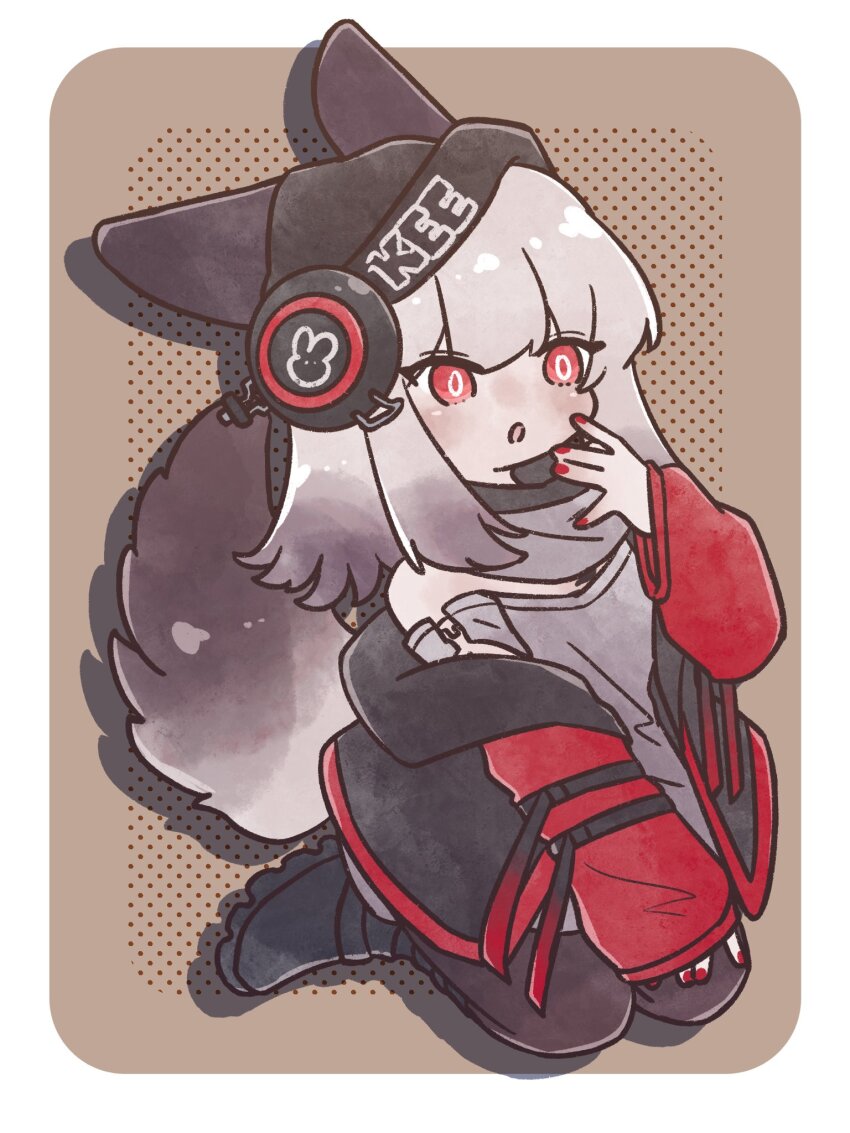 1girl :o animal_ears arknights bare_shoulders black_hat brown_background brown_pantyhose brown_tail clothes_writing commentary covering_own_mouth drop_shadow ears_through_headwear eyes_visible_through_hair frostleaf_(arknights) full_body grey_hair grey_tail hand_over_own_mouth hat headphones highres jacket long_sleeves looking_ahead medium_hair nunnuje_a_u_e off_shoulder one-hour_drawing_challenge open_mouth pantyhose red_eyes red_jacket single_sleeve_past_wrist solo split_mouth tail tail_raised