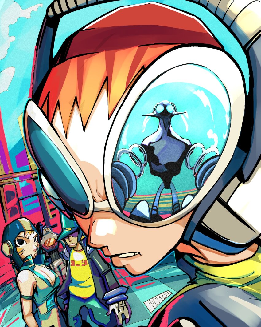 1girl 2boys absurdres beanie beat_(jsr) breasts cleavage eye_reflection glasses gum_(jsr) hat helmet highres jet_set_radio jumpsuit looking_back multiple_boys n0nsensemob opaque_glasses red_hair reflection robot roboy round_eyewear short_hair sleeveless tab_(jsr) very_short_hair zero_beat