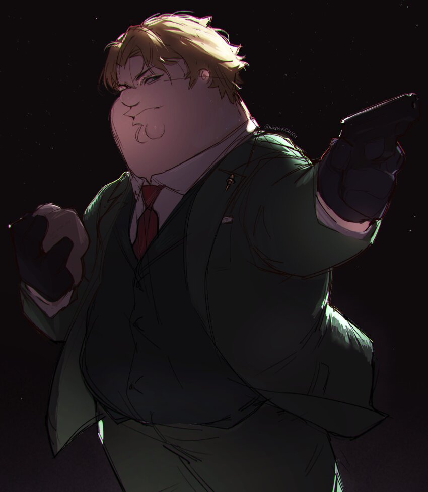 1boy absurdres black_background black_gloves blonde_hair cleft_chin cosplay family_guy fat fat_man formal_clothes gloves green_jacket green_pants green_suit green_vest highres jacket kowai_(iamkowai) male_focus necktie pants peter_griffin red_necktie shirt short_hair solo spy_x_family suit suit_jacket twilight_(spy_x_family) twilight_(spy_x_family)_(cosplay) vest white_shirt