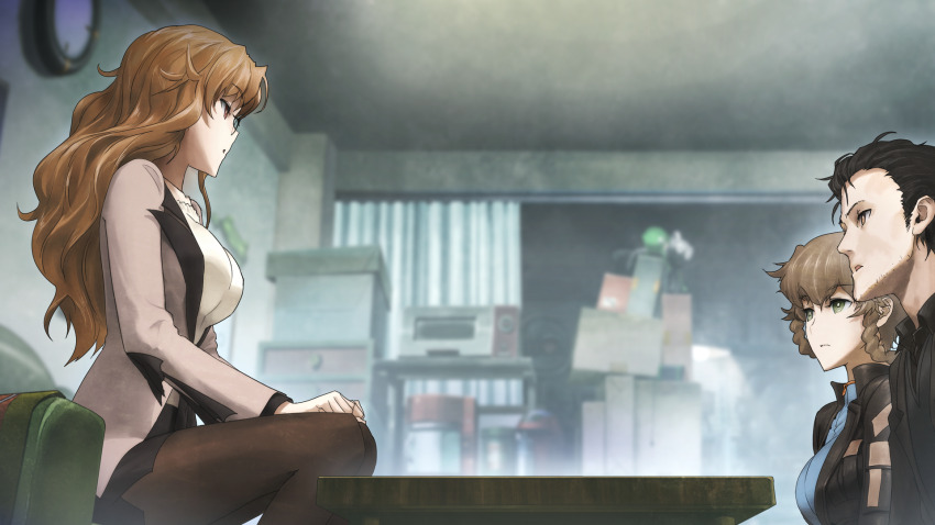 1boy 2girls amane_suzuha amane_suzuha_(beta) beard_stubble black_cardigan black_hair black_jacket black_pantyhose black_shirt blonde_hair blouse blue_jacket blue_track_suit braid breasts brown_hair cardigan collar collarbone collared_shirt cropped_jacket ears_visible_through_hair facial_hair frilled_collar frills frown future_gadget_lab game_cg gero-froggy glasses hair_between_eyes hair_rings high_collar high_heels highres holding huke jacket jacket_over_jacket jitome kiryuu_moeka lapels leather leather_jacket long_hair long_sleeves looking_at_another medium_breasts messy_hair miniskirt multiple_girls non-web_source notched_lapels office_lady official_art okabe_rintarou okabe_rintarou_(beta) open_collar open_mouth pantyhose pink_eyes ringed_eyes serious shirt shoes short_hair sideburns_stubble skirt steins;gate steins;gate_0 stubble track_jacket track_suit twin_braids twintails white_shirt white_shoes yellow_eyes