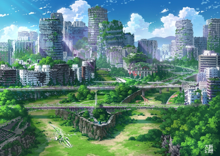 abandoned animal blue_sky bridge broken_window building cliff cloud day dilapidated giraffe grass highres lamppost mountain no_humans original osaka_(city) outdoors overgrown post-apocalypse railing revision ruins scenery skeleton sky skyscraper sunlight tokyogenso