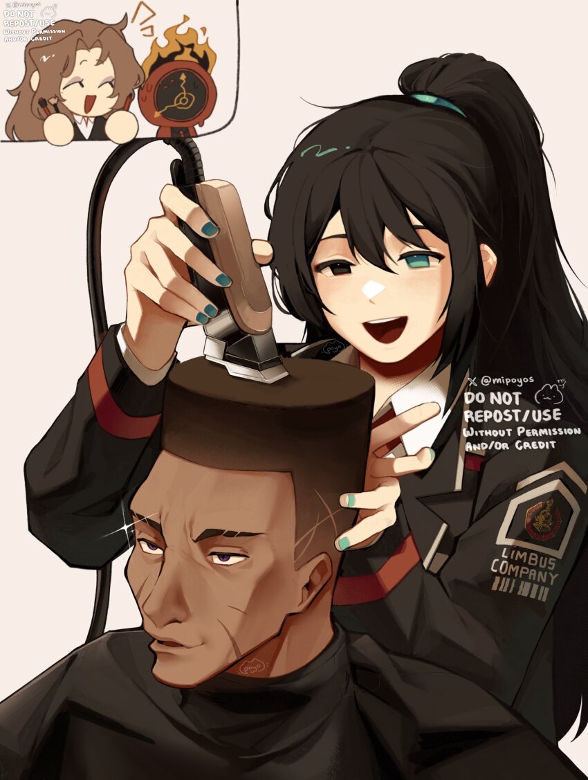 1girl 1other 2boys black_coat black_eyes black_hair black_shirt blue_eyes blue_hairband brown_hair choso_giving_toudou_a_haircut_(meme) clock closed_eyes coat collared_shirt commentary cutting_another&#039;s_hair cutting_hair dante_(limbus_company) dark-skinned_male dark_skin electric_razor english_commentary english_text fade_(haircut) fire hairband heathcliff_(project_moon) heterochromia high_ponytail highres hong_lu_(project_moon) limbus_company long_hair makeup_brush meme mipoyos multiple_boys necktie object_head parted_bangs ponytail project_moon purple_eyes razor red_coat red_necktie rodion_(project_moon) scar scar_on_face shirt sparkle sweat sweatdrop twitter_username white_shirt