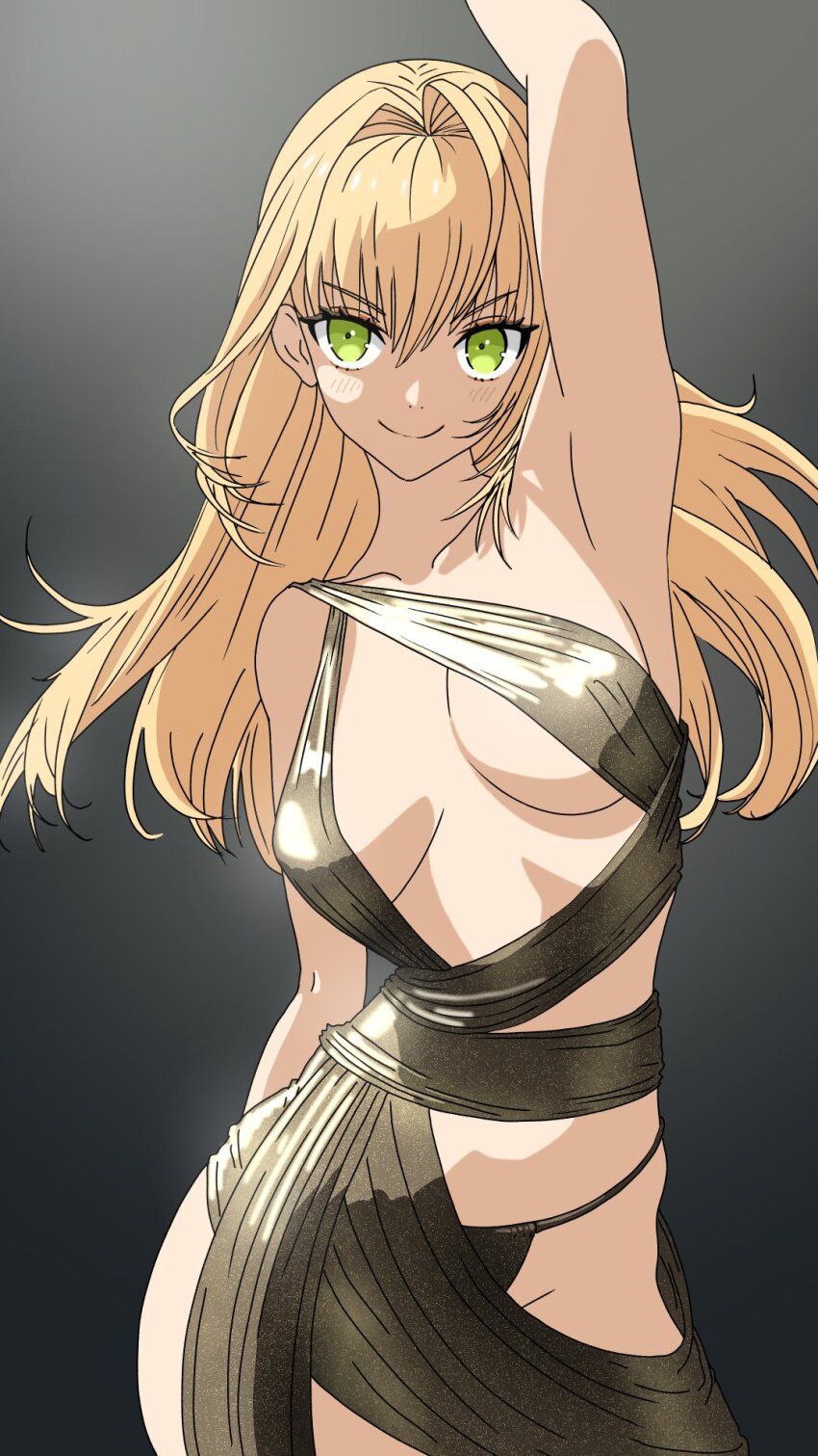 1girl alternate_hairstyle arm_up armpits black_panties breasts contrapposto fate/extra fate/grand_order fate_(series) gradient_background green_eyes groin hair_intakes highres long_hair nero_claudius_(fate) panties revealing_clothes smile solo type_x underwear