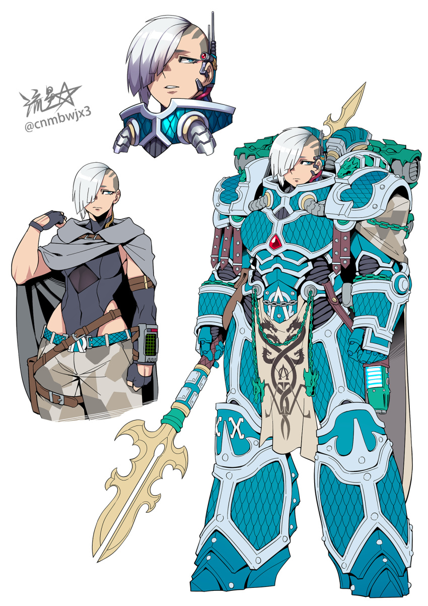 1girl alpha_legion alpharius alpharius_omegon armor black_leotard breastplate breasts cape chain cloak closed_mouth clothing_cutout full_armor gauntlets genderswap genderswap_(mtf) greaves highleg highleg_leotard highres holding holding_polearm holding_weapon large_breasts leotard multiple_views omegon pauldrons plasma_pistol polearm power_armor primarch ryuusei_(mark_ii) short_hair shoulder_armor signature simple_background spear standing undercut warhammer_40k weapon white_background white_hair
