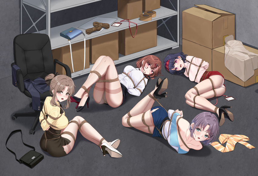 4girls absurdres asakura_toru bdsm black_hair blush bondage bound breasts brown_eyes brown_hair fukumaru_koito high_heels highres higuchi_madoka ichikawa_hinana idolmaster idolmaster_shiny_colors kidnapped kidnapping multiple_girls noctchill_(idolmaster) non-web_source nude_pantyhose office_lady open_mouth shibari shirt short_hair skin-colored_pantyhose skirt white_shirt