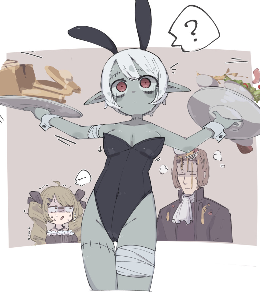 ... 1boy 2girls :| ? arms_up ascot bags_under_eyes bandaged_arm bandaged_leg bandages bare_shoulders bead_necklace beads black_jacket black_leotard black_ribbon blush bob_cut border bowl breasts brown_hair cake cleavage closed_eyes closed_mouth collarbone colored_skin constricted_pupils covered_navel cowboy_shot cropped_legs crotch_seam drill_hair empty_eyes food food_on_clothes food_on_head grey_background grey_skin groin hair_intakes hair_ornament hair_ribbon hairclip highres holding holding_tray jacket jewelry leotard long_hair meat medium_breasts monster_girl multiple_girls necklace nervous nervous_sweating notice_lines object_on_head original outside_border pancake pancake_stack playboy_bunny pointy_ears rabbit_ears red_eyes ribbon salad shaded_face short_hair sidelocks solo_focus speech_bubble spilling spoken_ellipsis spoken_question_mark standing stitches strapless strapless_leotard sweat swept_bangs thighs tray trembling turn_pale twin_drills unarsite white_ascot white_border white_hair wide-eyed wrist_cuffs