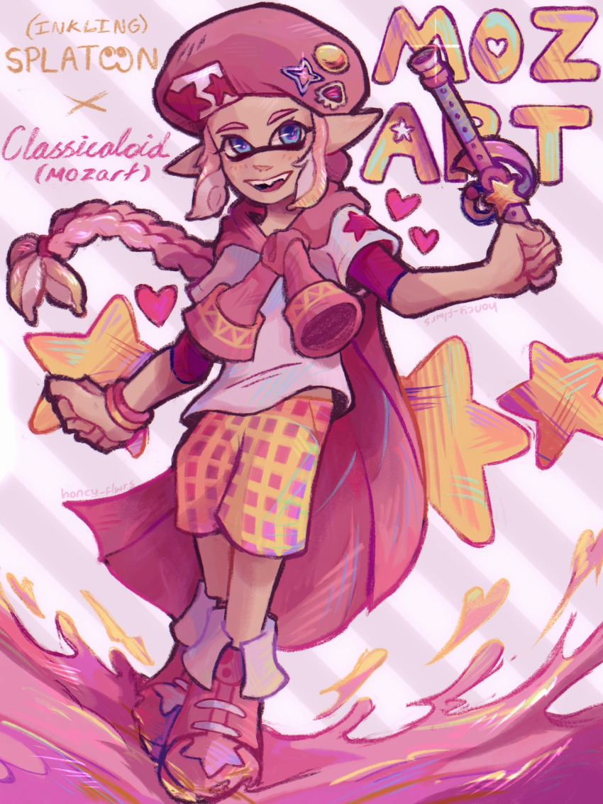 1boy atlas_(mephistovalse) blue_eyes bracelet character_name classicaloid commentary copyright_name crossover english_commentary hat heart highres holding_record ink inkling jacket_around_neck jewelry long_braid looking_at_viewer male_focus nintendo open_mouth pink_hair pink_hat pink_shoes pointy_ears shirt shoes shorts splatoon_(series) splatoonification star_(symbol) white_shirt wolfgang_amadeus_mozart_(classicaloid) yellow_shorts