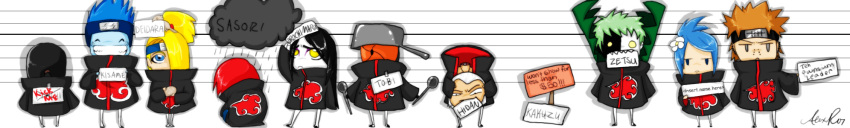 1girl :d ^_^ akatsuki_(naruto) akatsuki_uniform black_hair blonde_hair blue_eyes blue_hair blue_skin chibi clay closed_eyes colored_skin crow213 deidara_(naruto) english_text forehead_protector from_behind frown frying_pan furrowed_brow green_hair grin hair_over_one_eye headless hidan_(naruto) highres holding holding_own_head holding_sign holding_spoon hoshigaki_kisame kakuzu_(naruto) konan_(naruto) mask mugshot multicolored_skin multiple_boys nagato_(naruto) narrowed_eyes naruto_(series) naruto_shippuuden open_mouth orange_hair orochimaru_(naruto) pain_(naruto) pale_skin piercing rain red_hair sasori_(naruto) sharp_teeth sign smile spoon storm_cloud sulking teeth tobi_(naruto) uchiha_itachi uchiha_obito white_hair yellow_eyes zetsu_(naruto)