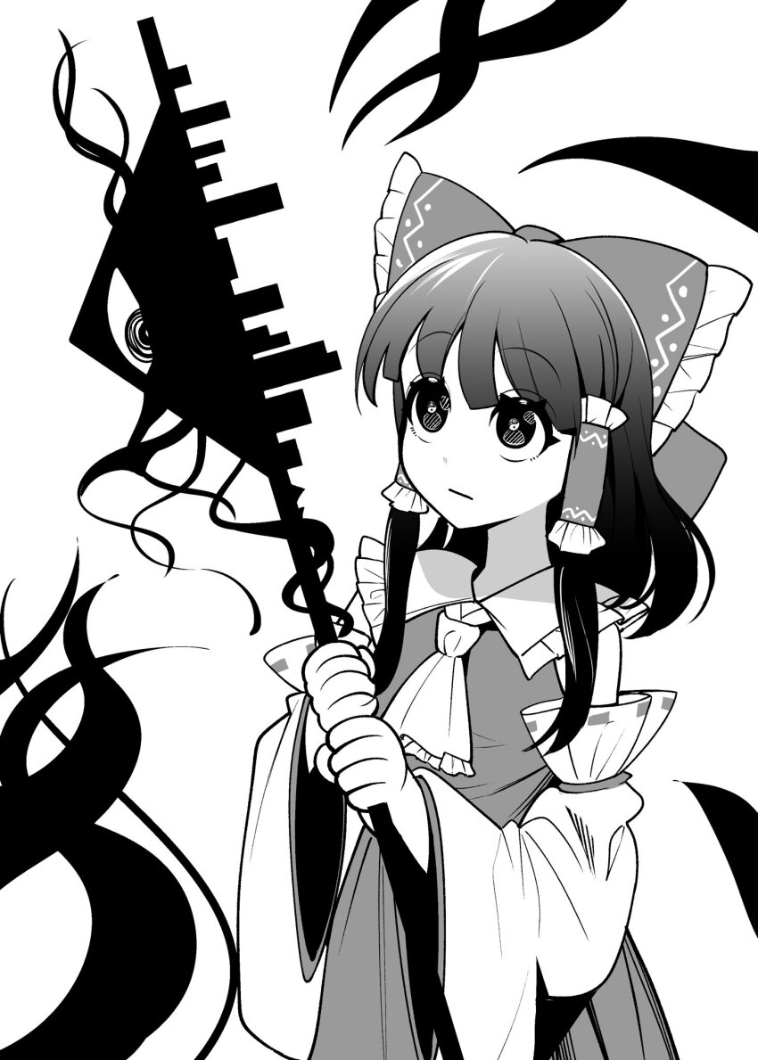 1girl ascot bow closed_mouth commentary_request expressionless fossilized_wonders frilled_bow frilled_hair_tubes frills gohei greyscale hair_bow hair_tubes hakurei_reimu highres holding holding_gohei long_hair monochrome nodoguro_(phi-tan) ribbon-trimmed_sleeves ribbon_trim skirt solo touhou
