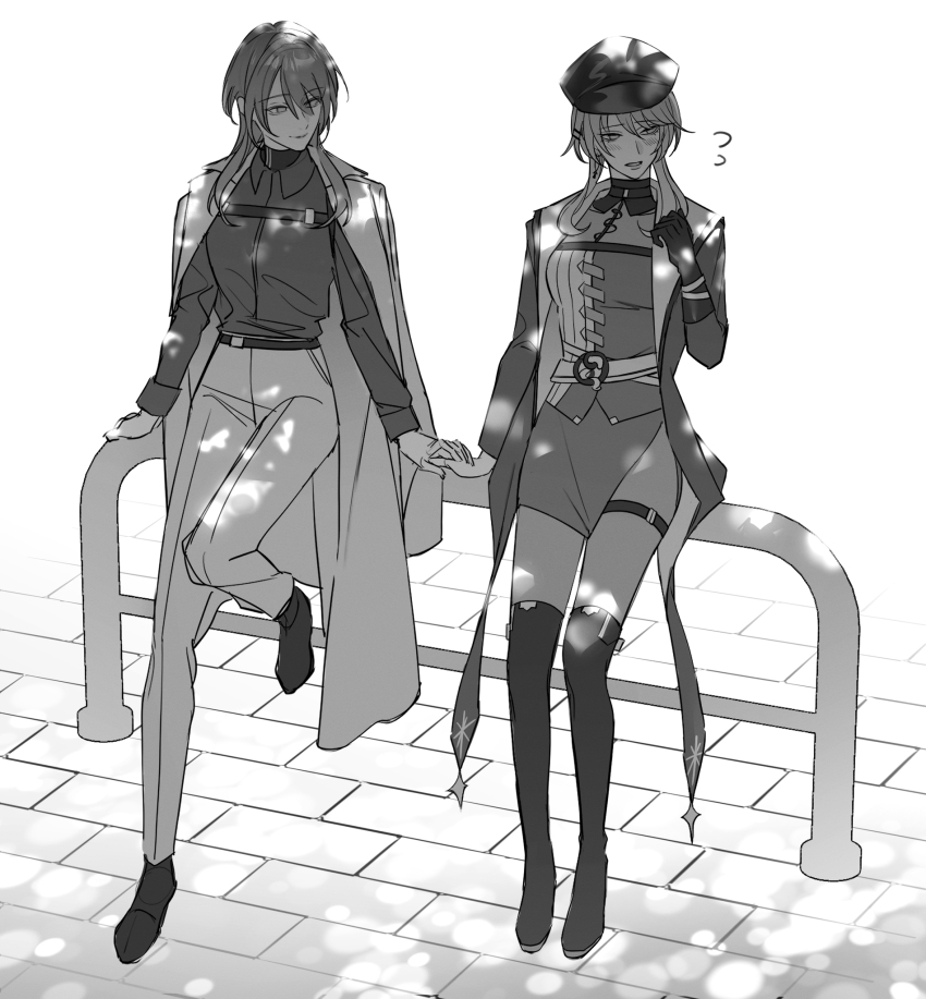 2girls belt belt_buckle blush boots buckle chest_belt chief_(path_to_nowhere) closed_mouth coat coat_on_shoulders collared_coat collared_shirt day detached_collar dress_pants dress_shoes female_chief_(path_to_nowhere) flying_sweatdrops full_body gloves greyscale hair_between_eyes hair_ornament hairclip happy hat high_collar highres holding_hands interlocked_fingers lapels layered_shirt leg_up light_particles long_hair military_hat military_uniform miniskirt monochrome multiple_girls nervous nightingale_(path_to_nowhere) notched_lapels open_clothes open_coat outdoors parted_lips path_to_nowhere peaked_cap peaked_lapels pencil_skirt see-through_pantyhose shade shirt short_hair_with_long_locks side_slit single_glove skirt smile striped_clothes striped_shirt thigh_belt thigh_boots thigh_strap toho10min turtleneck turtleneck_shirt two-sided_coat two-sided_fabric two-tone_shirt undershirt vertical-striped_clothes vertical-striped_shirt yuri