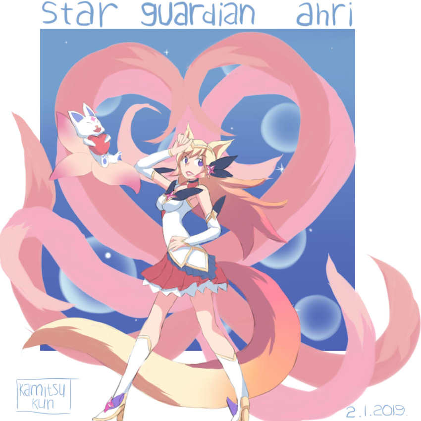 1girl ahri_(league_of_legends) animal_ears blue_eyes boots breasts detached_sleeves fox_ears fox_tail hair_ornament high_heel_boots high_heels league_of_legends lipstick magical_girl makeup sailor_moon_pose skirt star_(symbol) star_guardian_(league_of_legends) star_guardian_ahri star_hair_ornament tail thigh_boots thighhighs tiara