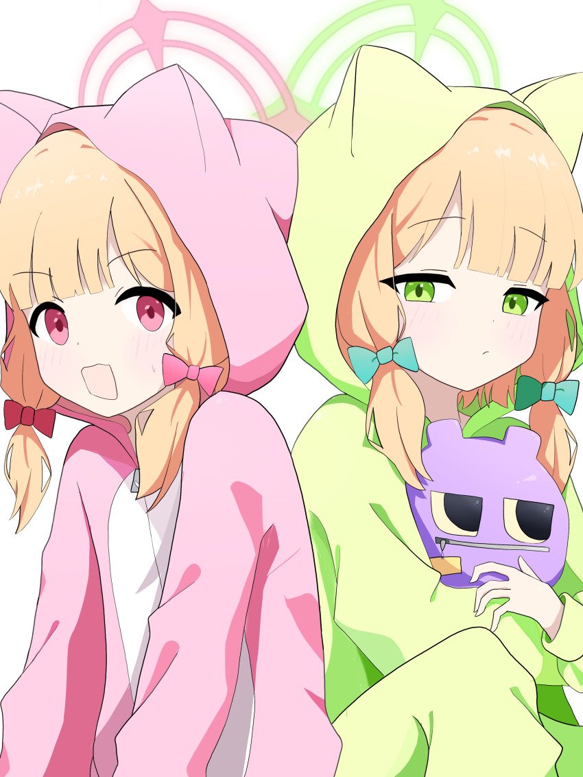 2girls absurdres alternate_costume animal_costume animal_ear_hood animal_hood blonde_hair blue_archive blunt_bangs blush bow cardcat_00 cat_costume cat_hood character_request closed_mouth commentary copyright_request dot_nose fake_animal_ears green_bow green_eyes green_halo green_pajamas hair_bow halo highres hood hood_up knee_up korean_commentary long_sleeves looking_at_viewer looking_to_the_side low-tied_sidelocks midori_(blue_archive) momoi_(blue_archive) multiple_girls open_mouth pajamas pink_bow pink_eyes pink_halo pink_pajamas rectangular_mouth siblings sidelocks simple_background sisters smile tareme twins upper_body white_background zipper zipper_pull_tab