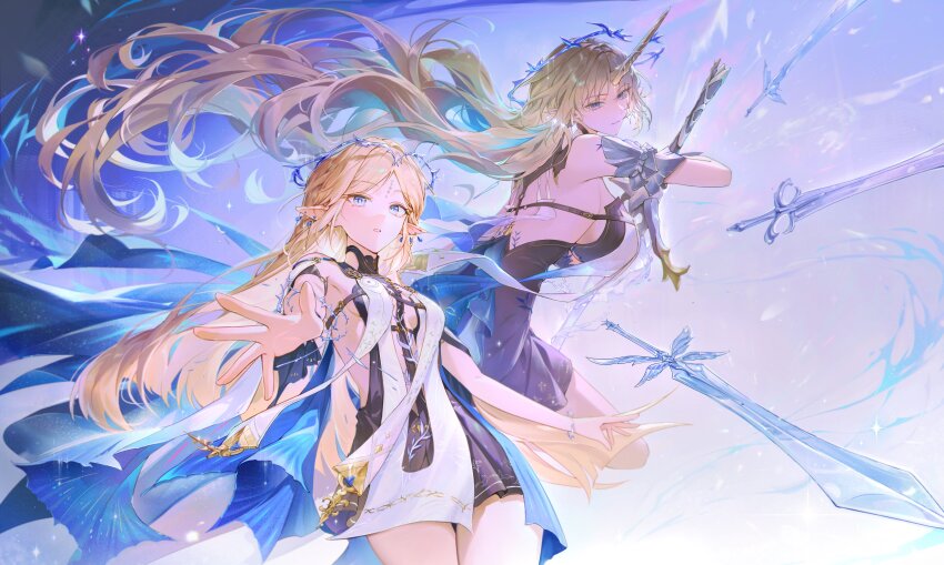 2girls absurdres bare_shoulders black_collar black_dress blonde_hair blue_eyes breasts cartethyia_(wuthering_waves) collar commentary crown_of_thorns dress dual_persona earrings fleurdelys_(wuthering_waves) floating floating_object floating_sword floating_weapon highres holding holding_sword holding_weapon horns jewelry large_breasts long_hair long_horns looking_at_viewer medium_breasts multiple_girls parted_lips pointy_ears sebin_13 single_horn sword symbol-only_commentary tabard tacet_mark_(wuthering_waves) thighs very_long_hair weapon white_tabard wuthering_waves yellow_horns