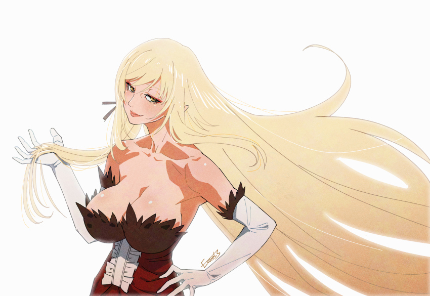 1girl artist_name bare_shoulders blonde_hair breasts cleavage collarbone dress elbow_gloves exocet_(exocet4) eyeshadow feather-trimmed_dress feather-trimmed_gloves frilled_dress frills gloves hand_in_own_hair hand_on_own_hip highres kiss-shot_acerola-orion_heart-under-blade kizumonogatari large_breasts long_hair looking_at_viewer makeup monogatari_(series) oshino_shinobu pointy_ears red_dress red_eyeshadow seductive_smile sidelocks sleeveless sleeveless_dress smile solo strapless strapless_dress vampire very_long_hair white_background white_gloves yellow_eyes
