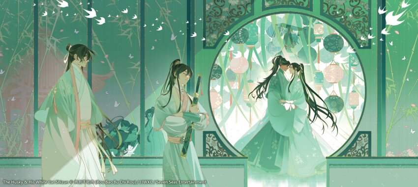 4boys age_progression architecture bamboo bird bracer brown_hair cat chinese_clothes chu_wanning closed_mouth commentary copyright_name crossed_arms east_asian_architecture english_commentary erha_he_tadebai_mao_shizun green_background green_hanfu green_theme guan_hat hair_bun hair_ribbon hanfu high_ponytail highres holding holding_sword holding_weapon jian_(weapon) lantern long_hair long_sleeves looking_at_another male_focus mo_ran moon_gate multiple_boys official_art one_eye_closed paper_lantern ponytail ribbon sash sheath sheathed shi_mei smile standing suto_(sakumaaritsu) sword tassel weapon wide_sleeves wuxia xiao_guan_(headdress) xue_meng yaoi