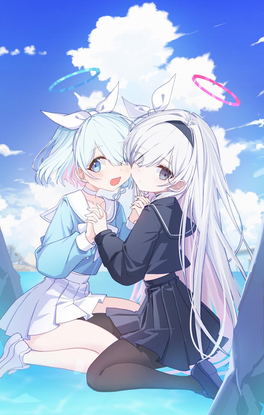 2girls absurdres aqua_shirt arona_(blue_archive) b_soyo1 black_hairband black_pantyhose black_sailor_collar black_serafuku black_shirt black_skirt blue_archive blue_eyes blue_footwear blue_hair blue_halo bow bowtie braid cheek-to-cheek closed_mouth cloud cloudy_sky colored_inner_hair commentary cumulonimbus_cloud day expressionless eyes_visible_through_hair grey_eyes hair_bow hair_over_one_eye hairband halo heads_together highres holding_hands long_hair looking_at_viewer multicolored_hair multiple_girls one_eye_closed open_mouth outdoors pantyhose pink_hair pink_halo plana_(blue_archive) sailor_collar school_uniform serafuku shirt shoes short_hair sitting skirt sky smile sneakers symbol-only_commentary very_long_hair wariza white_bow white_bowtie white_hair white_sailor_collar white_shoes white_skirt