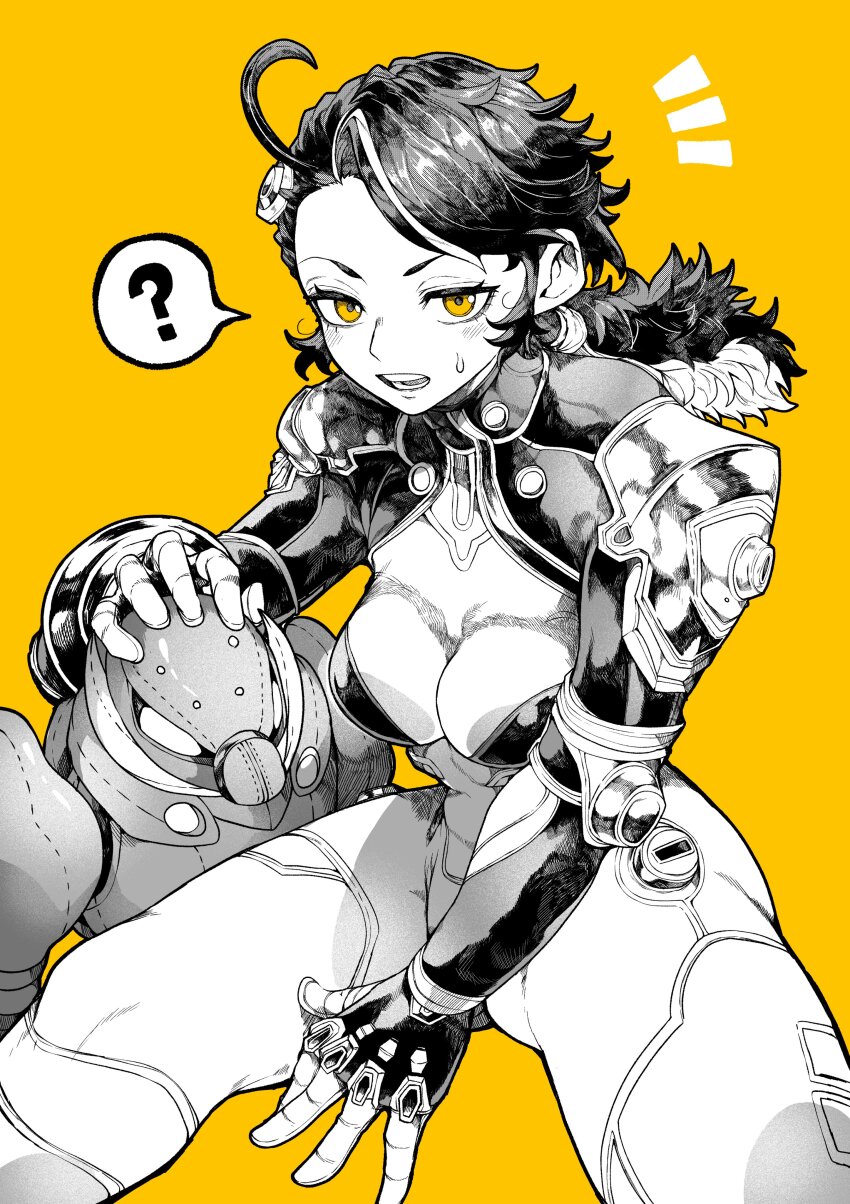 1girl ? absurdres black_hair blush breasts brown_eyes cleavage greyscale_with_colored_background highres looking_at_viewer marvel marvel_rivals mecha_pilot_suit medium_breasts monochrome notice_lines peni_parker short_hair simple_background sitting sp//dr spider-man_(series) spider-verse spoken_question_mark toy twintails yellow_background yotsumi_shiro