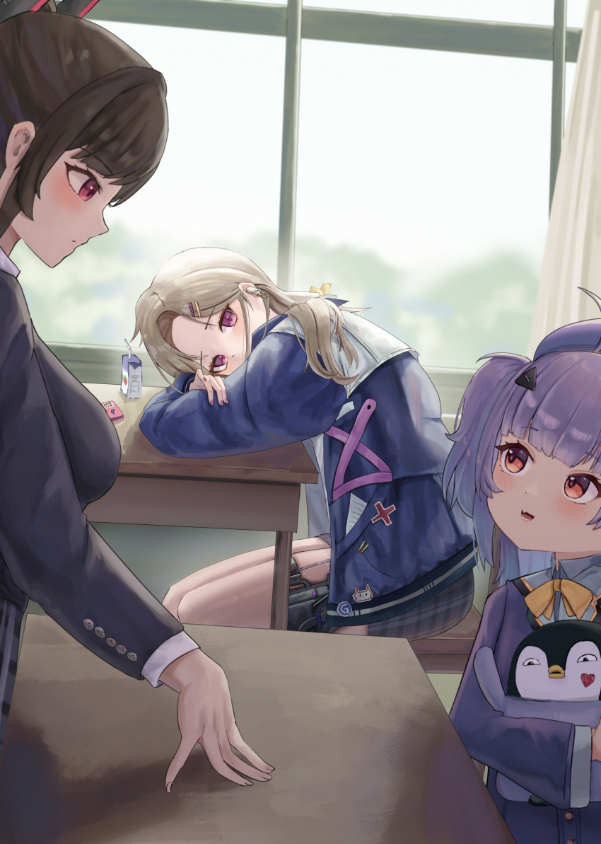 3girls absurdres bird blue_jacket blush breasts brown_hair chair classroom commentary curtains day desk ein_(nikke) goddess_of_victory:_nikke hair_ornament hairclip head_rest heart highres indoors jacket juice_box just_tume light_brown_hair long_hair long_sleeves looking_at_another multiple_girls neck_ribbon open_mouth penguin purple_hair red_eyes rei_(nikke) ribbon school_circle_(nikke) school_desk school_uniform side_ponytail sitting skirt window yellow_ribbon zwei_(nikke)