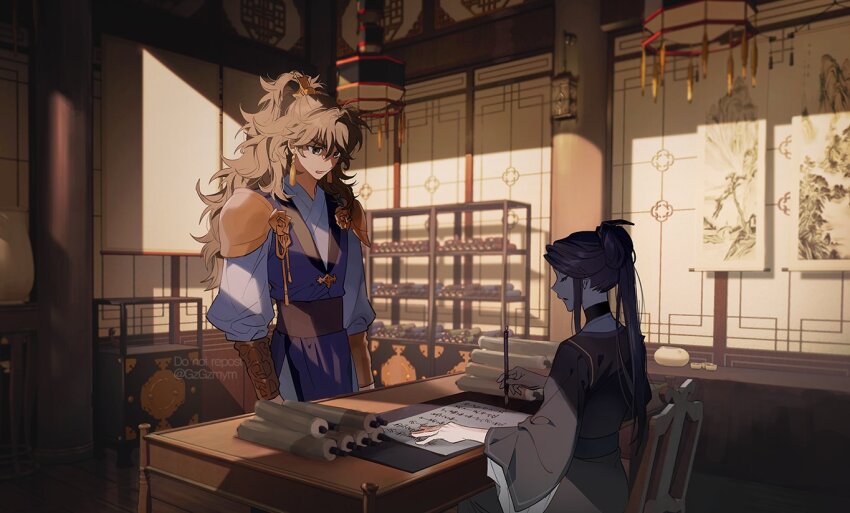 1boy 1girl armor black_hair black_hanfu blue_hanfu brown_eyes brown_hair chair chinese_clothes desk gold_vambraces gzgzmym hanfu high_ponytail holding holding_paintbrush jewelry ling_wen long_hair long_sleeves paintbrush pauldrons ponytail quan_yizhen scroll shoulder_armor sitting standing tianguan_cifu wavy_hair wide_sleeves