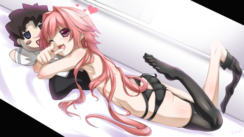 1boy ass astolfo_(fate) bare_shoulders bed blush butt_crack fang fate/apocrypha fate/grand_order fate_(series) garter_belt highres long_hair looking_at_viewer lying male_focus multicolored_hair on_stomach one_eye_closed open_mouth panties pink_hair purple_eyes shiny_skin smile solo thighhighs toron_(mino106) trap two-tone_hair underwear very_long_hair white_hair wink