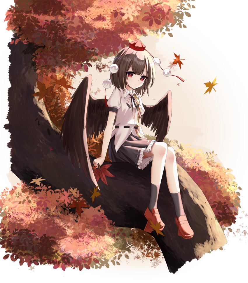 16sanrach 1girl absurdres autumn_leaves bird_wings black_socks brown_hair brown_wings closed_mouth collared_shirt commentary falling_leaves feathered_wings frilled_skirt frills geta hat hauchiwa highres holding leaf looking_at_viewer neck_ribbon pom_pom_(clothes) puffy_short_sleeves puffy_sleeves red_eyes red_hat ribbon ribbon-trimmed_skirt ribbon_trim shameimaru_aya shirt short_sleeves skirt socks solo tengu-geta tokin_hat touhou tree white_shirt wings