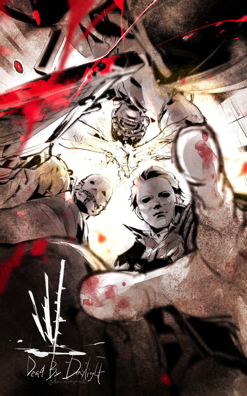 3boys blood bloody_weapon cleaver copyright_name dead_by_daylight doctor glowing glowing_eyes halloween_(movie) highres holding holding_knife holding_weapon jumpsuit kawarayane knife lab_coat male_focus mask michael_myers multiple_boys muscular muscular_male overalls short_hair spikes the_doctor_(dead_by_daylight) the_trapper_(dead_by_daylight) weapon