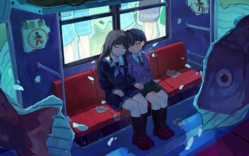 250ofk 5girls bang_dream! bang_dream!_it&#039;s_mygo!!!!! black_socks blue_shirt blue_skirt brown_shoes closed_eyes closed_mouth collared_shirt crychic_(bang_dream!) fish green_necktie green_skirt grey_jacket grey_neckerchief haneoka_school_uniform heads_together highres holding_hands interlocked_fingers jacket multiple_girls nagasaki_soyo neckerchief necktie plaid_clothes plaid_skirt poster_(object) school_uniform shiina_taki shirt shoes skirt socks surreal takamatsu_tomori togawa_sakiko train_interior tsukinomori_school_uniform underwater wakaba_mutsumi white_shirt yuri