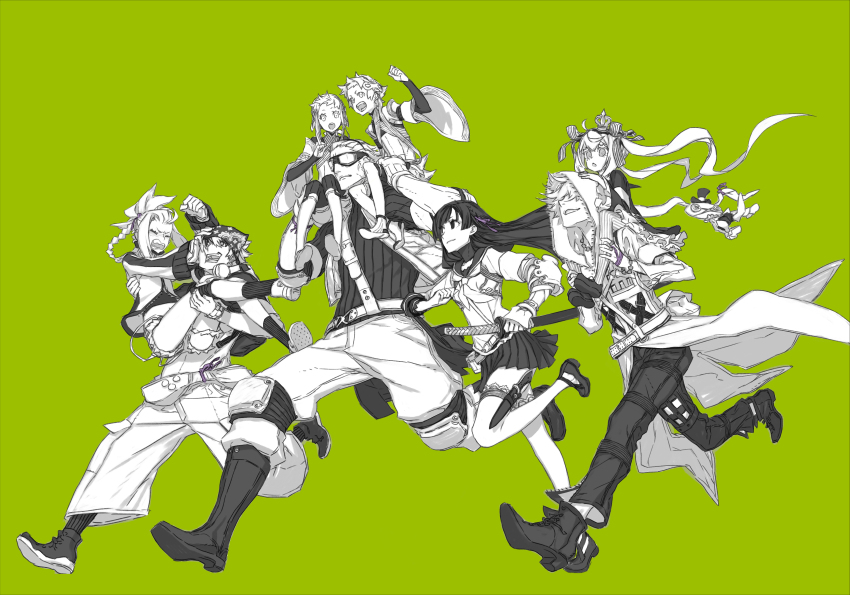 4boys 4girls 7th_dragon_(series) 7th_dragon_2020 7th_dragon_2020-ii :o absurdres anniversary carrying carrying_over_shoulder carrying_person chelsea_(7th_dragon) destroyer_(7th_dragon_2020) green_background greyscale hacker_(7th_dragon) hair_over_eyes happy highres holding holding_sword holding_weapon katanako miina_(7th_dragon) miroku_(7th_dragon) miwa_shirow monochrome multiple_boys multiple_girls navigator_(7th_dragon) nishimura_haru_(7th_dragon) official_art princess_carry psychic_(7th_dragon) running samurai_(7th_dragon) simple_background smile sword weapon