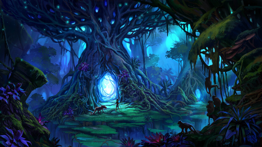 1boy chinnkun dog fantasy flower glowing jungle landscape light_particles magic monkey nature original painterly plant portal_(object) tree vines