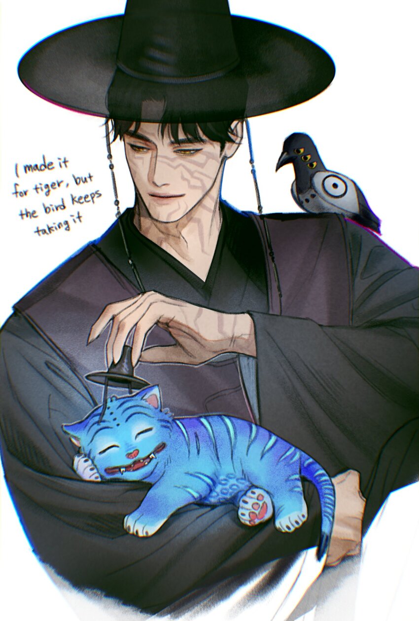 1boy 2others animal animal_on_shoulder bird black_hair black_hanbok closed_mouth delta_(shapeof_wave) derpy_(kpop_demon_hunters) english_text facial_tattoo gat_(hat) gatkkeun hanbok hat highres holding holding_animal jinu_(kpop_demon_hunters) korean_clothes kpop_demon_hunters looking_at_another multiple_others parted_bangs short_hair simple_background sussie_(kpop_demon_hunters) tattoo tiger upper_body white_background yellow_eyes
