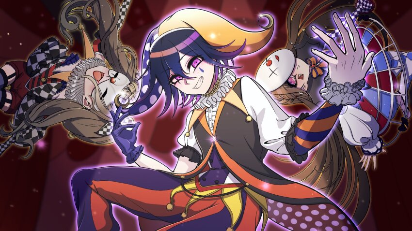 1boy 2girls :d brown_hair center_frills checkered_sleeves danganronpa_(series) danganronpa_v3:_killing_harmony dice_members_(danganronpa) dress_shirt flipped_hair frills grin hair_between_eyes hat highres jester jester_cap jester_costume long_hair long_sleeves mask mion_danron multicolored_background multicolored_hair multiple_girls oma_kokichi open_mouth orange_hat orange_pants pants pink_eyes polka_dot purple_hair purple_pants red_background shirt smile striped_clothes striped_pants teeth two-tone_hair white_shirt