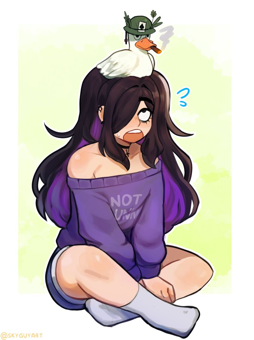 1boy absurdres bare_shoulders bird black_hair cigar crossed_legs duck hair_over_one_eye highres long_hair multicolored_hair open_mouth original purple_hair roland_(ms_pigtails) sitting sky_guy_art socks solo sweater teeth trap two-tone_hair upper_teeth_only
