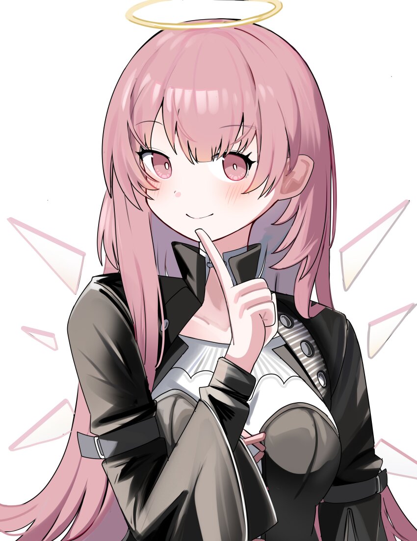 1girl absurdres arknights black_dress blush bright_pupils closed_mouth collarbone detached_wings dress finger_to_own_chin halo highres lemuen_(arknights) long_hair long_sleeves looking_at_viewer pink_eyes pink_hair simple_background smile solo spam_(spamham4506) traditional_halo upper_body white_background white_pupils wings yellow_halo