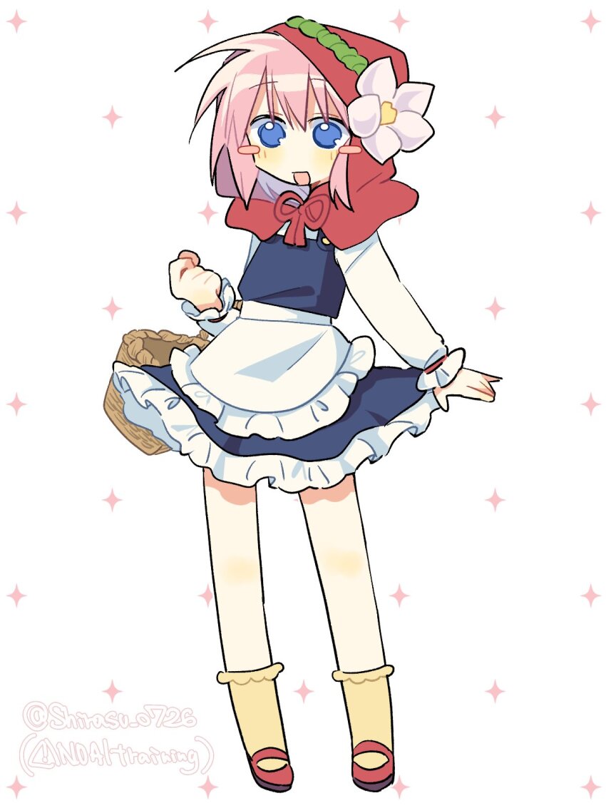 1girl :d basket blue_eyes blush_stickers capelet cosplay dress galaxy_angel highres holding holding_basket hood hood_up hooded_capelet little_red_riding_hood_(fairy_tale) little_red_riding_hood_(fairy_tale_character)_(cosplay) little_red_riding_hood_(fairy_tale_character) long_hair looking_at_viewer milfeulle_sakuraba nm_shirasu open_mouth picnic_basket pink_hair red_capelet smile solo standing star_(symbol) twitter_username white_background