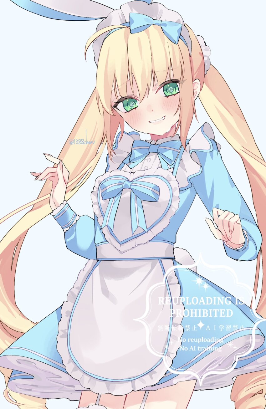 1388chan 1girl adapted_costume ahoge animal_ears apron artoria_caster_(fate) artoria_caster_(swimsuit_berserker)_(fate) artoria_caster_(swimsuit_berserker)_(second_ascension)_(fate) artoria_pendragon_(fate) blonde_hair blue_dress blush dress fake_animal_ears fate/grand_order fate_(series) garter_straps green_eyes grin hairband highres long_hair long_sleeves looking_at_viewer maid_headdress rabbit_ears smile solo thighs twintails waist_apron