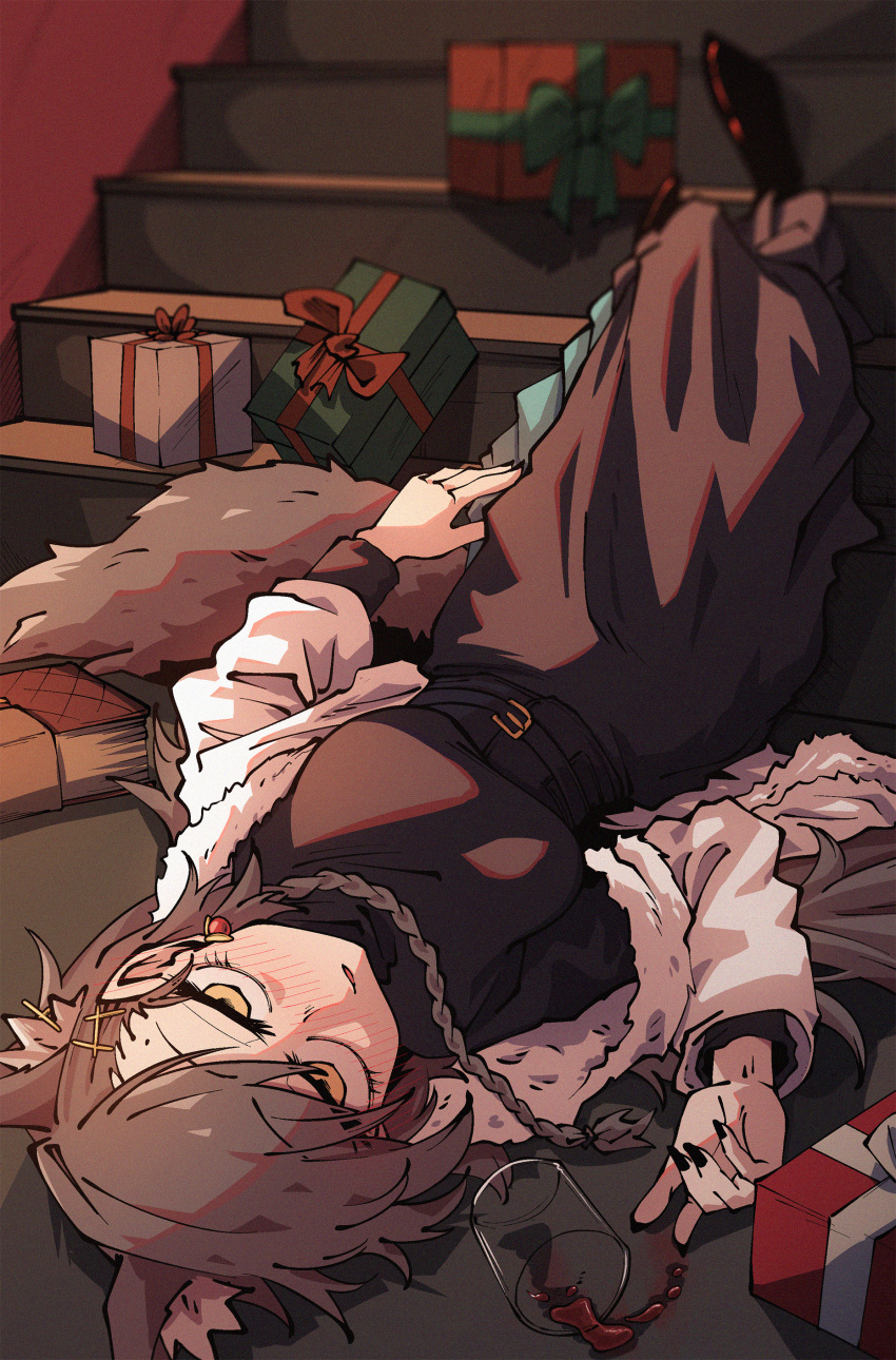 1girl absurdres alcohol animal_ear_fluff animal_ears arknights belt belt_buckle black_boots black_nails blurry blurry_background blush book boots bow box braid breasts brown_belt brown_corset brown_dress brown_hair brown_tail buckle christmas christmas_present commentary commentary_request corset cup depth_of_field dress drink drinking_glass drunk dryegen earclip earrings english_commentary extra_ears eyelashes fallen_down film_grain fingernails floor foreshortening from_above full_body fur-trimmed_jacket fur_trim gift gift_box gift_wrapping glass green_bow hair_flowing_over hair_ornament hair_over_one_eye hair_tie hairclip half-closed_eyes hand_up hatching_(texture) high_collar highres indoors jacket jewelry layered_sleeves linear_hatching long_dress long_finger long_hair long_sleeves looking_at_viewer looking_up low-tied_long_hair low_side_ponytail lying medium_breasts mole mole_above_eye nail_polish nose_blush official_alternate_costume on_back on_floor open_clothes open_hand open_jacket palms parted_lips penance_(arknights) penance_(occasionally_flushed)_(arknights) red_bow red_wine shade shadow side_braid sidelighting single_braid single_earring solo spill stain stairs swept_bangs tail turtleneck turtleneck_dress underbust upside-down wall wallpaper_(object) white_jacket wine wolf_ears wolf_girl wolf_tail wrapping_paper yellow_eyes