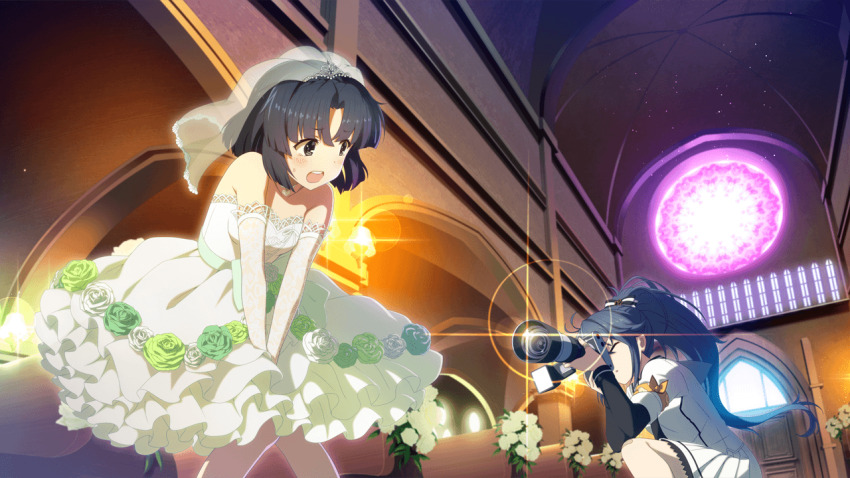 2girls :d armband ayanokouji_martial_arts_school_uniform bare_shoulders black_hair blush bridal_veil bride camera church dress elbow_gloves frilled_dress frills game_cg gloves holding holding_camera indoors kneeling lace lace_gloves layered_dress long_sleeves looking_at_another multiple_girls musumi_kiyoka non-web_source official_art open_mouth orange_armband pleated_skirt ponytail school_uniform shirt short_hair sidelocks skirt smile strapless strapless_dress taking_picture teeth toji_no_miko toji_no_miko:_kizamishi_issen_no_tomoshibi upper_teeth_only veil wedding_dress white_dress white_gloves white_shirt white_skirt winter_uniform yamashiro_yui